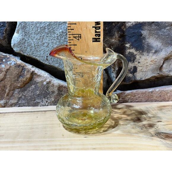 Vintage Amber Crackle Glass Small Pitcher w/ handle. Ruffle Lip. 4" tall. - Picture 6 of 7